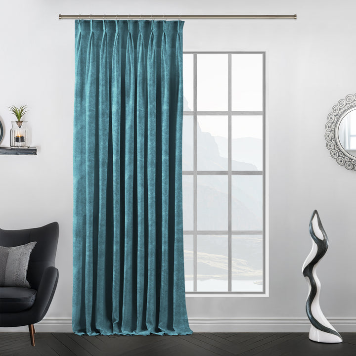 Pinch pleat matte velvet curtain designed with crisp pleats and extended length