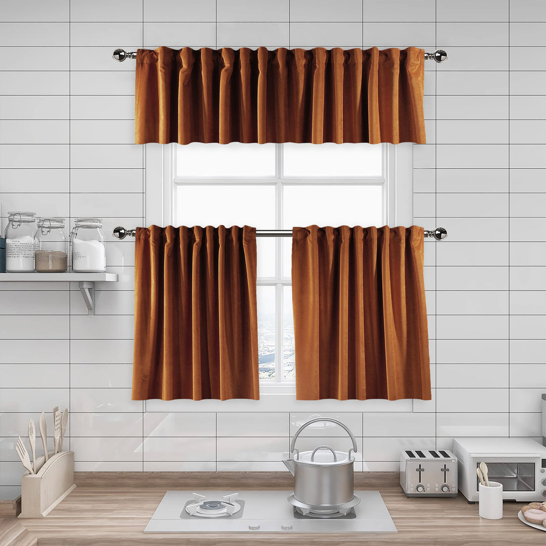 A made to measure kitchen valance in burnt‑orange matte velvet, shown with a smooth plush texture and crisp edges for a warm contemporary finish