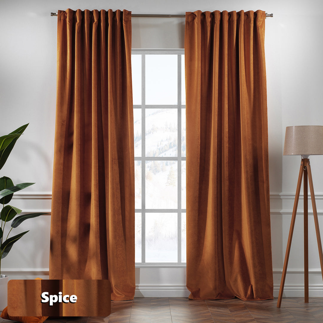 Spice matte velvet eyelet curtain with metal ring top and warm rust‑orange drape