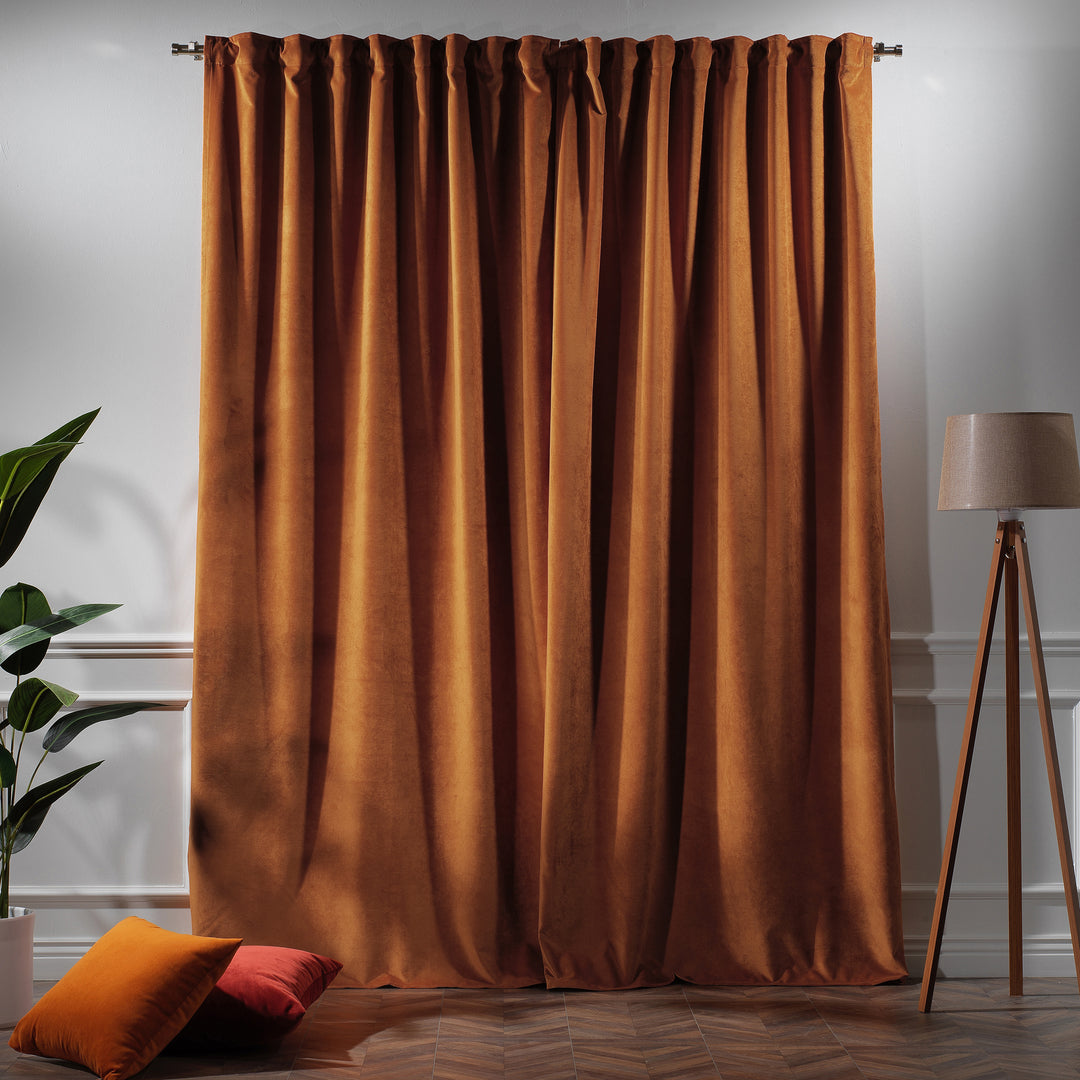 Spice matte velvet extra‑long extra‑wide curtain with rich rust‑orange tone and soft matte texture