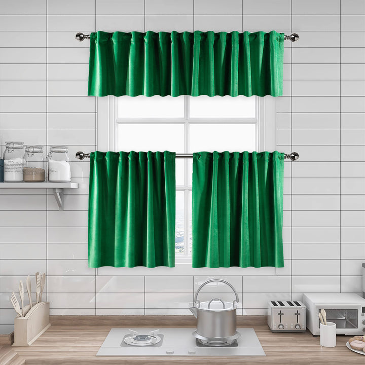 A made to measure kitchen valance in fresh spring‑green matte velvet, shown with a smooth plush texture and crisp structured edges for a lively modern appearance