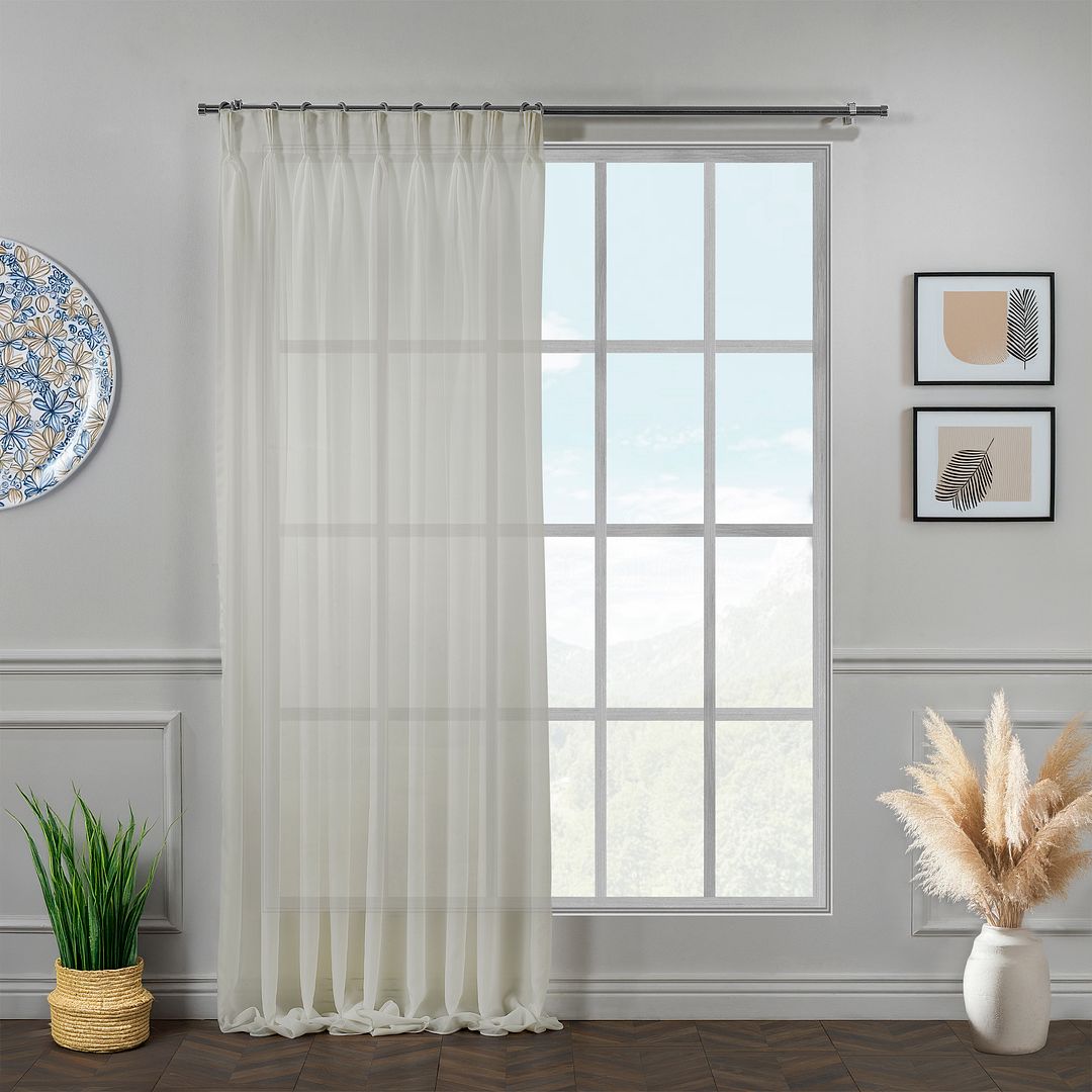 Made‑to‑measure extra‑long and extra‑wide stone silk‑crepe pinch‑pleated curtain