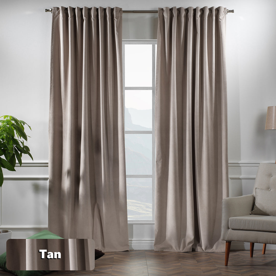 Made to measure tan matte velvet curtain featuring a soft smooth drape and muted velvety texture, offering gentle light reduction and a warm natural look, highlighting its earthy tan tone and premium modern velvet finish.