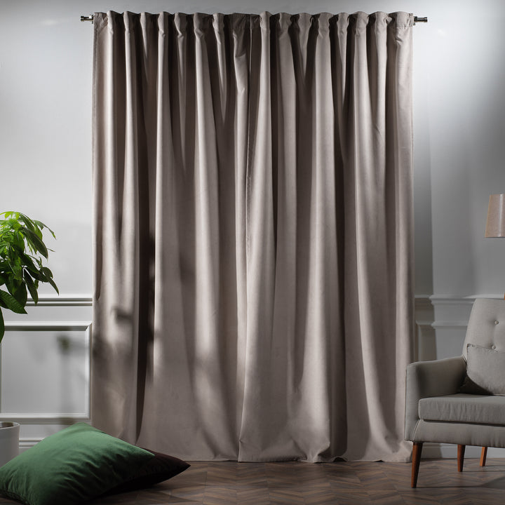 Made to measure tan matte velvet curtain featuring a soft smooth drape and muted velvety texture, offering gentle light reduction and a warm natural look, highlighting its earthy tan tone and premium modern velvet finish.