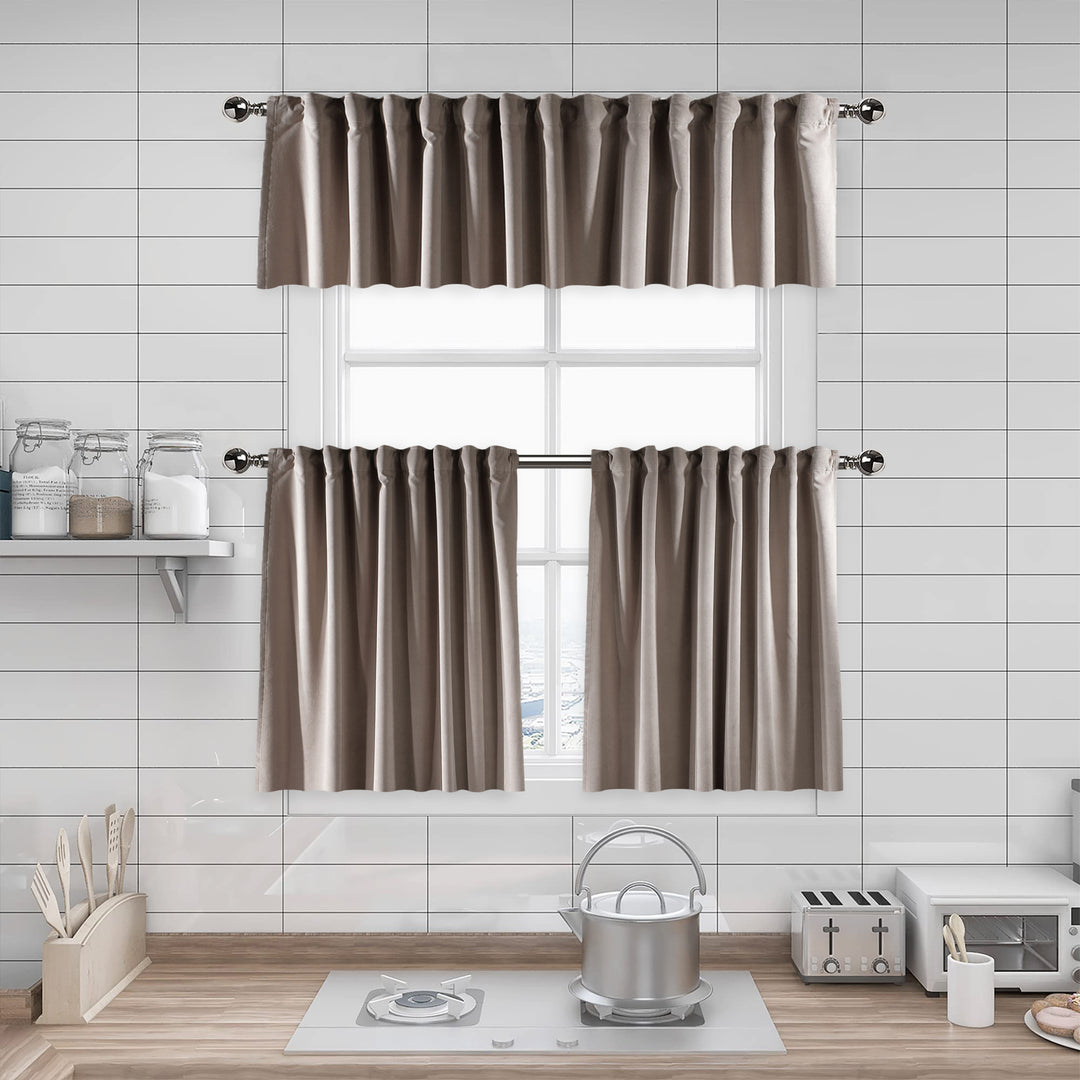 A made to measure kitchen valance in light tan matte velvet, shown with a smooth plush texture and neatly finished edges for a warm contemporary finish