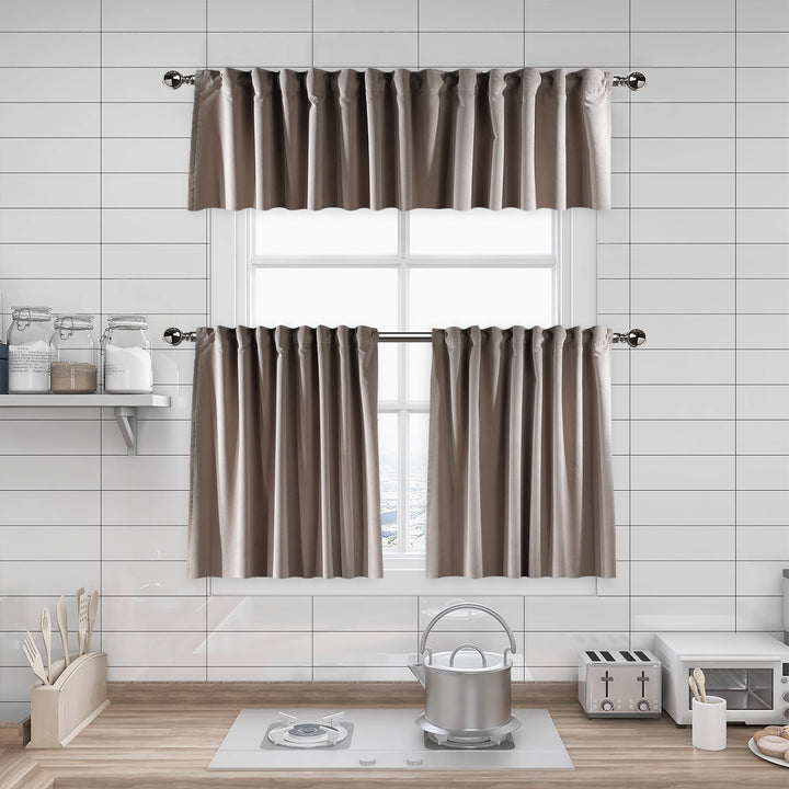 A made to measure kitchen valance in light tan matte velvet, shown with a smooth plush texture and neatly finished edges for a warm contemporary finish