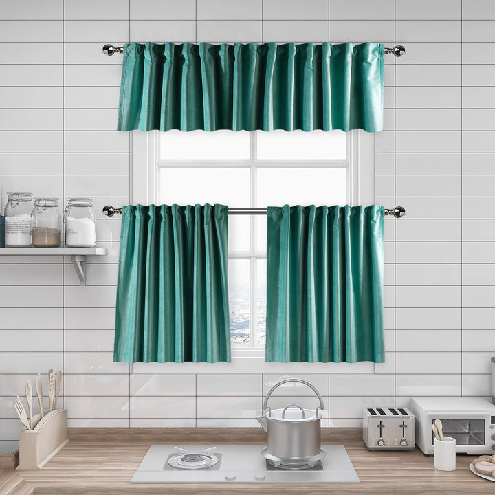A made to measure kitchen valance in bright turquoise matte velvet, shown with a smooth plush texture and crisp structured edges for a vibrant modern appearance