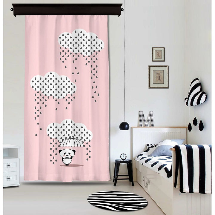 Children's room with pink curtain featuring panda and raindrop design.