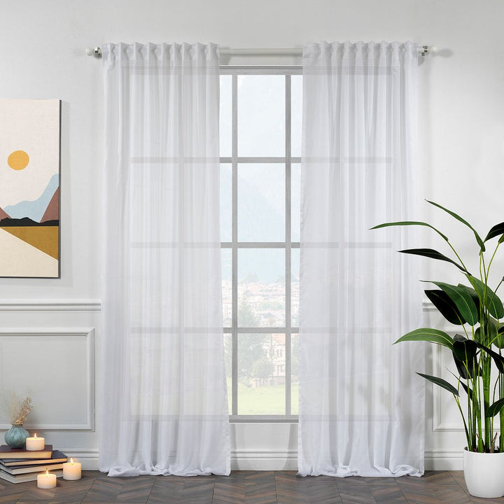 Made‑to‑measure extra‑long and extra‑wide White silk‑crepe sheer curtain with refined silk texture, smooth elegant drape and soft natural translucency.
