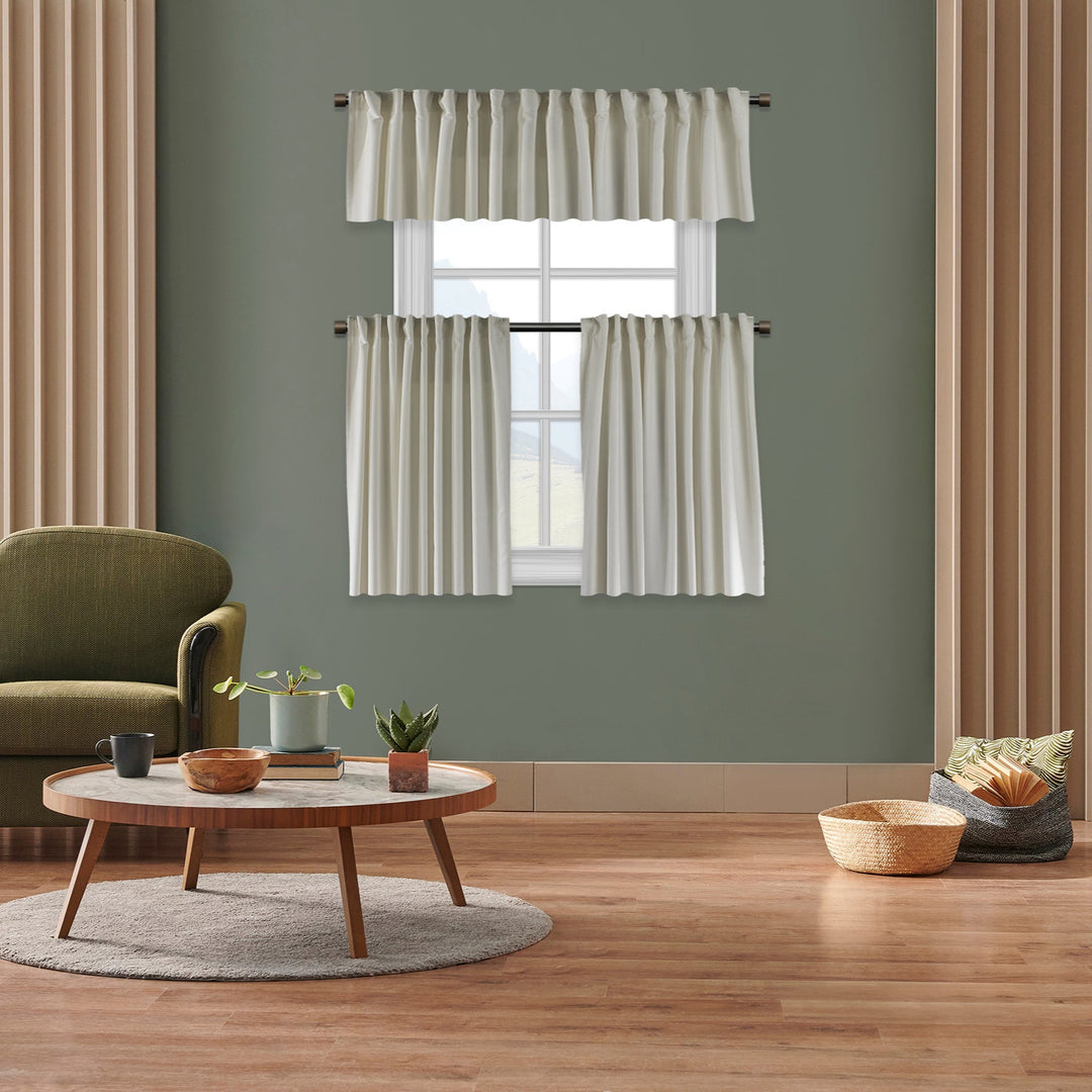 A made to measure kitchen valance in classic white velour, shown with a plush lightweight texture and crisp seams for a clean premium appearance