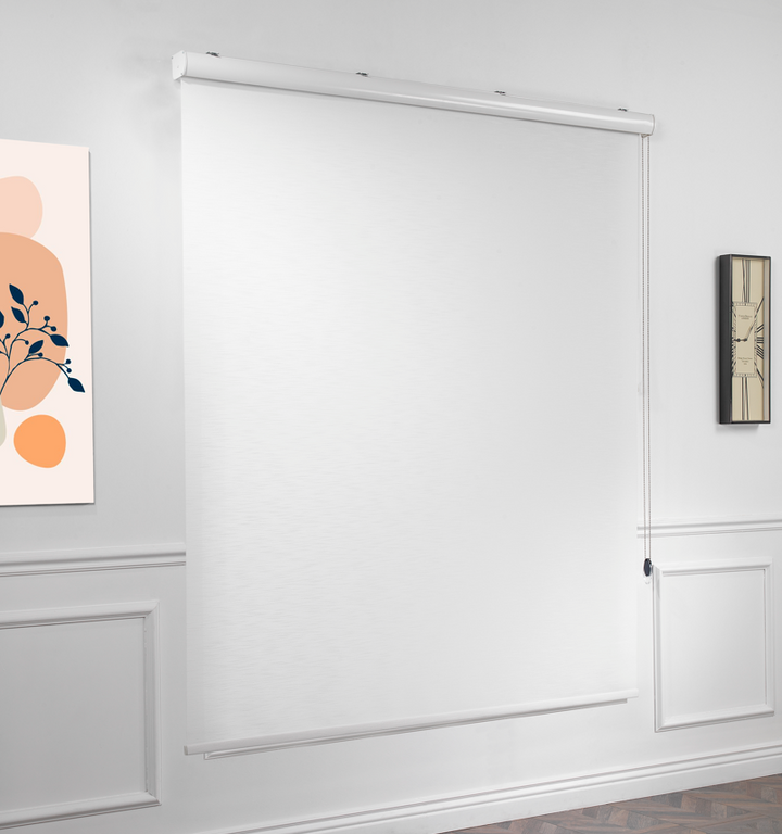 White daylight roller blind with a minimal linen‑effect pattern and a calm, even glow