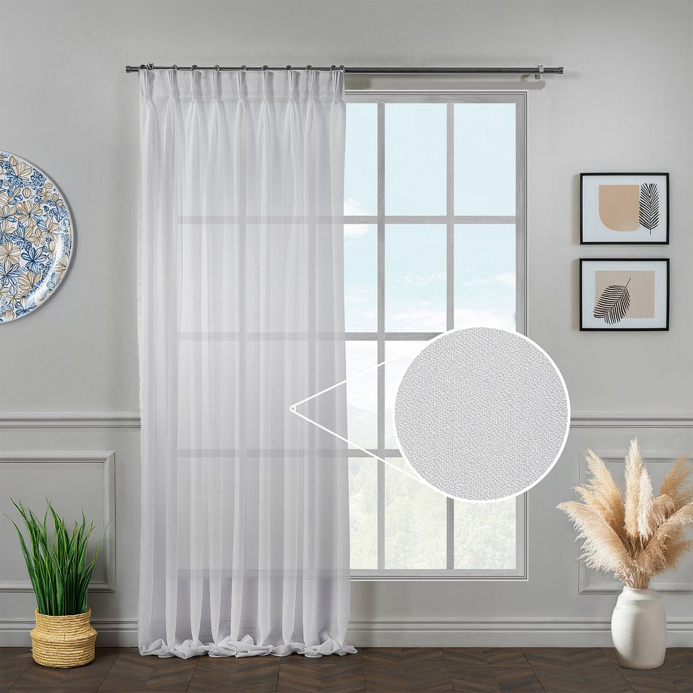 White silk‑crepe pinch‑pleated curtain in extra‑long and extra‑wide sizing, blending delicate crepe texture with elegant structured pleats and a smooth flowing drape.