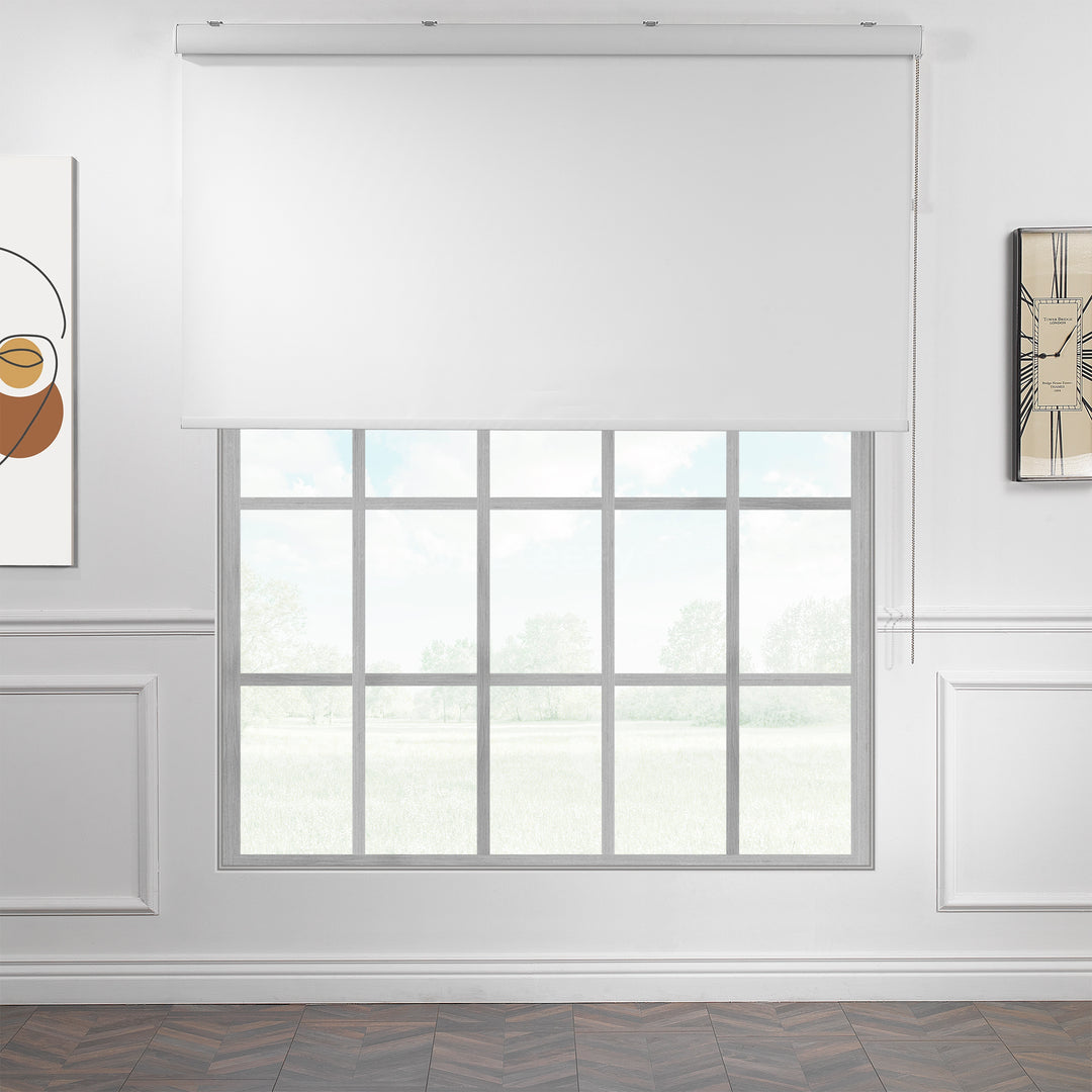 A close‑up of a white blackout roller blind made to measure, showing its smooth matte texture and maximum light‑blocking fabric for premium darkness and privacy control