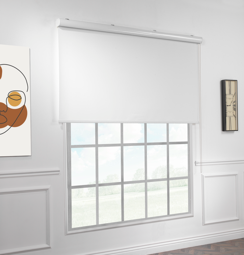 White blackout roller blind made to measure with a smooth matte finish and strong light blocking ideal for bedrooms and modern interiors