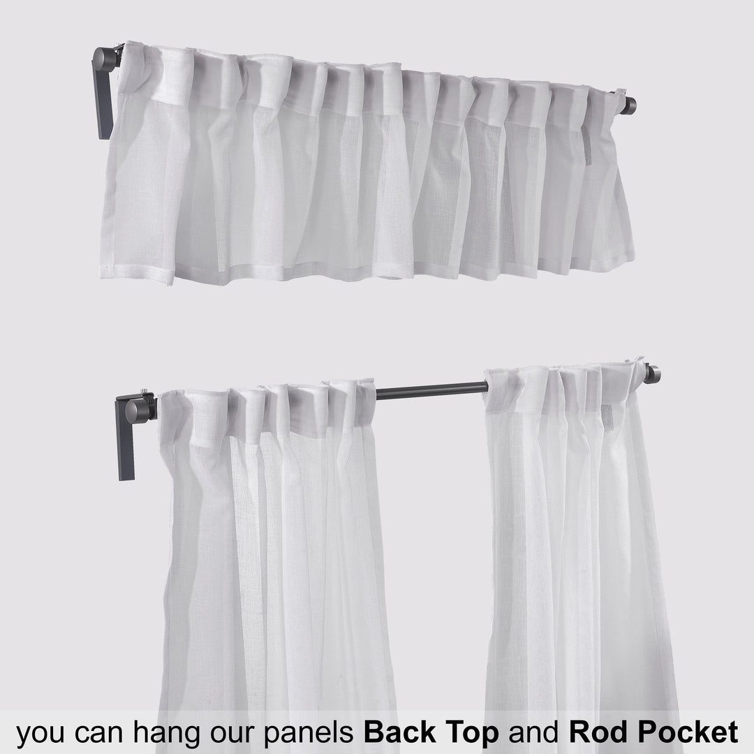 Close‑up white sheer valance showing fine weave, soft translucency and lightweight drape.