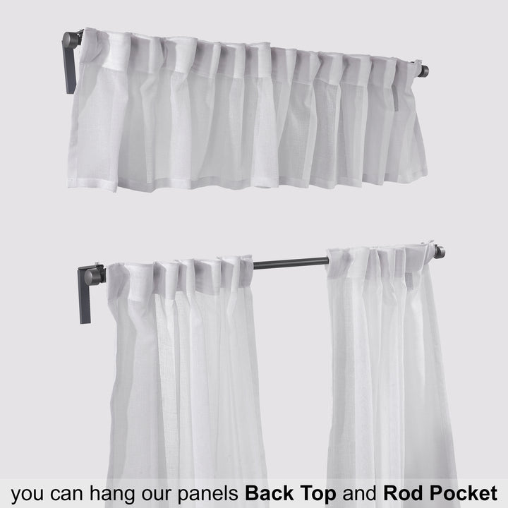 Close‑up white sheer valance showing fine weave, soft translucency and lightweight drape.