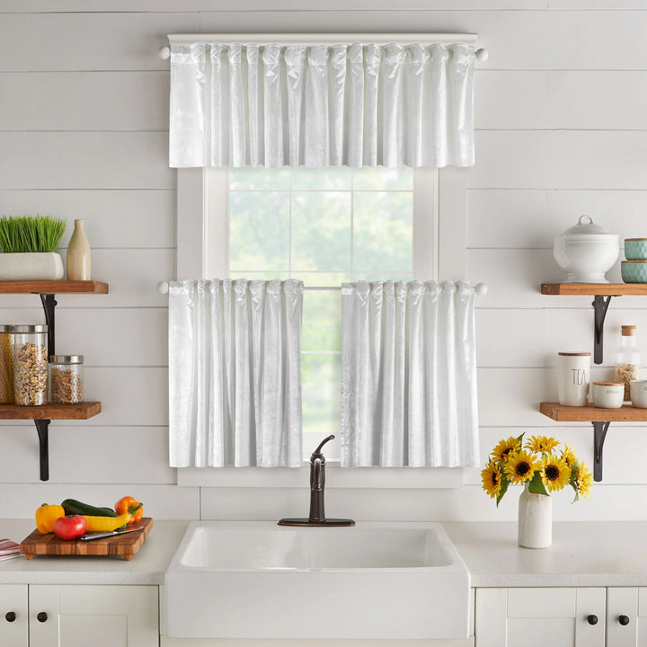 A made to measure valance in classic white shiny velvet, shown with a smooth glossy sheen and neatly tailored edges for a clean premium appearance