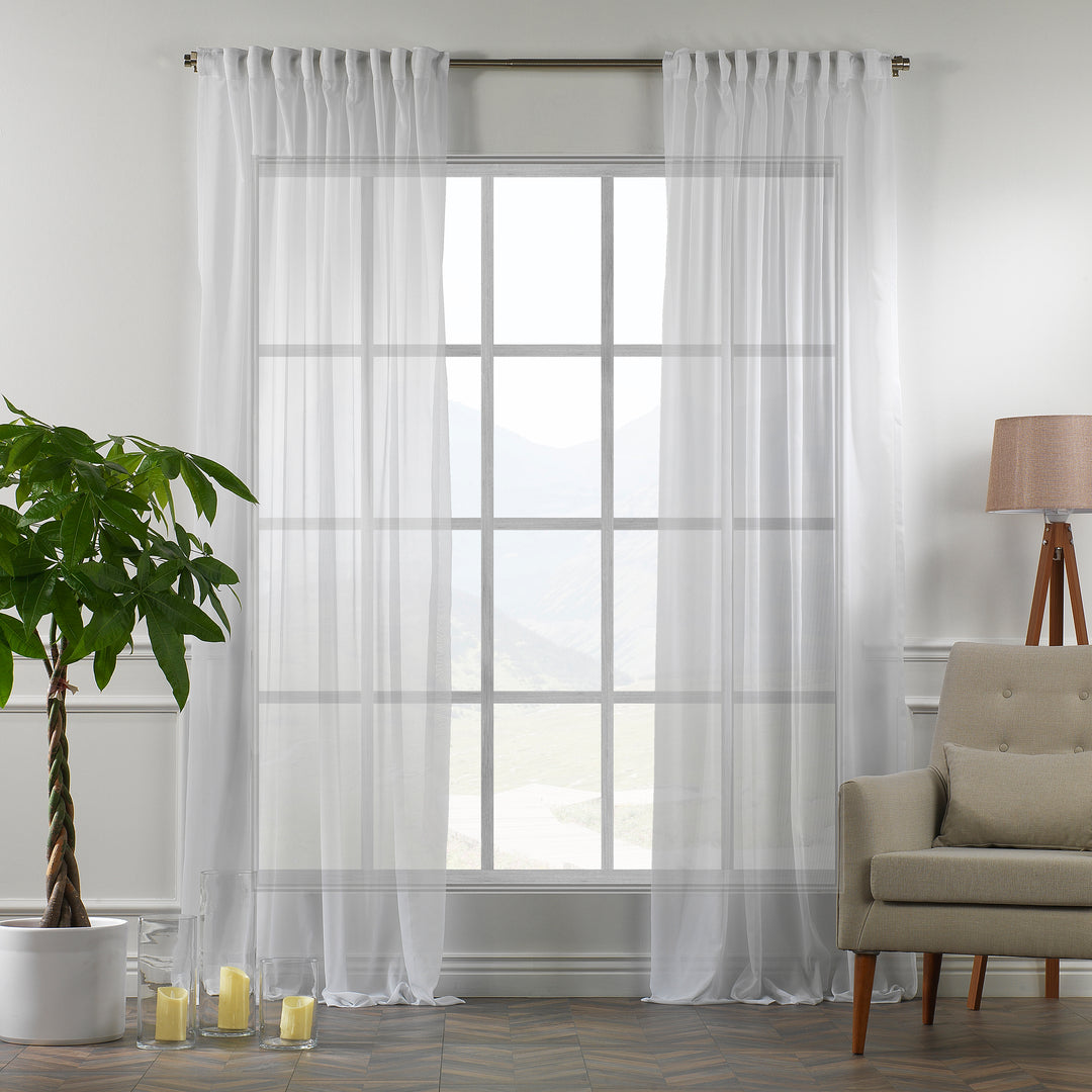 Made‑to‑measure extra‑long and extra‑wide White silk‑crepe sheer curtain in daylight, showing refined silk texture, soft translucency and a smooth elegant drape.