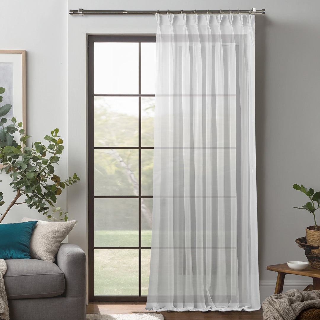 Made‑to‑measure extra‑long and extra‑wide White silk‑crepe pinch‑pleated curtain with refined structured pleats, soft natural translucency and a smooth elegant drape.