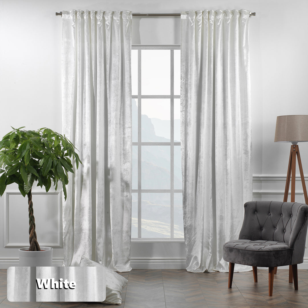 White  glossy velvet multi‑way curtain featuring flexible installation and a calm, elegant drop
