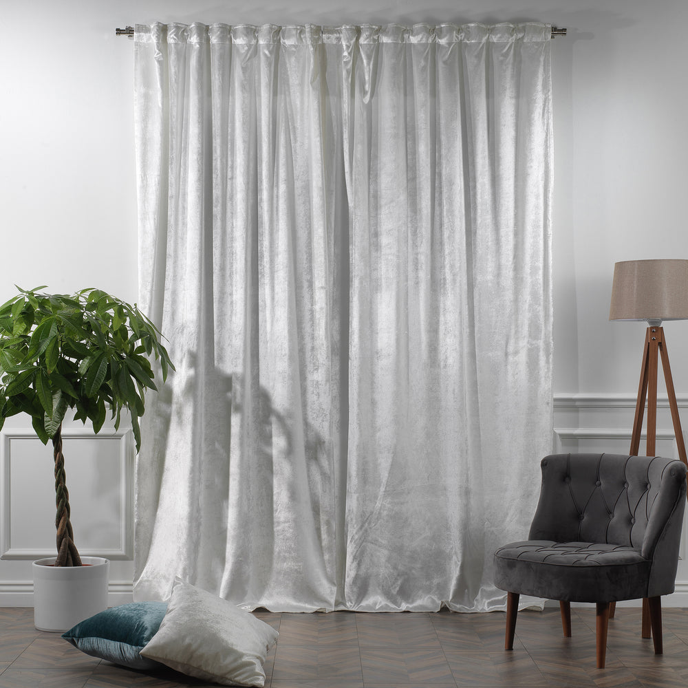 White shiny velvet multi‑fit curtain panel suitable for pole or track systems with a smooth drop.