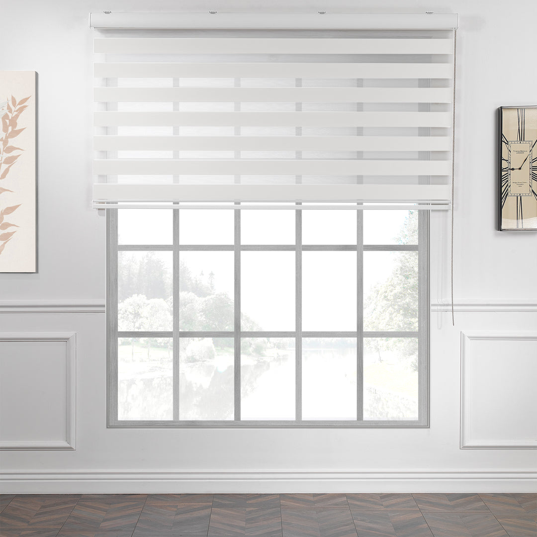 Made to measure solid plain white zebra roller blind featuring clean alternating sheer and dim‑out stripes for bright, adjustable light control and privacy, showcasing its crisp white tone, smooth texture and modern day‑and‑night blind design.