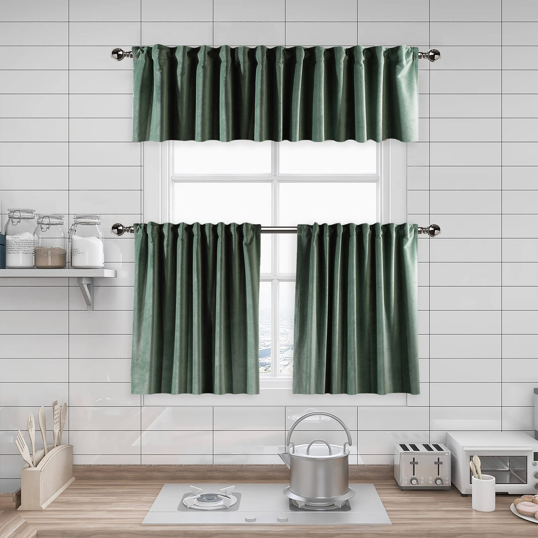A made to measure kitchen valance in muted sage‑green matte velvet, featuring a velvety surface and neatly tailored seams for a calm natural finish