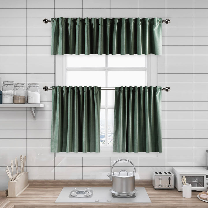 A made to measure kitchen valance in muted sage‑green matte velvet, featuring a velvety surface and neatly tailored seams for a calm natural finish