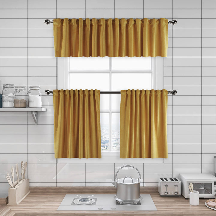 A made to measure kitchen valance in classic warm‑yellow matte velvet, featuring a velvety surface and crisp seams for a bright premium appearance