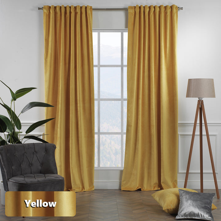 Yellow matte velvet extra‑long extra‑wide curtain with soft pastel tone and smooth matte finish.