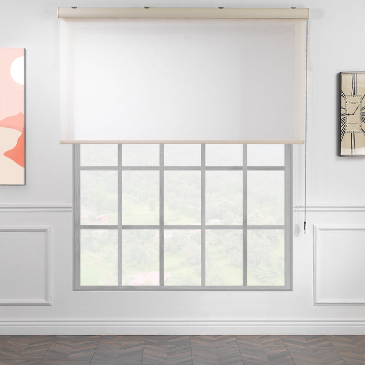 A clean front‑facing image of an ecru linen‑look room darkening roller blind with a soft woven texture and balanced light reduction