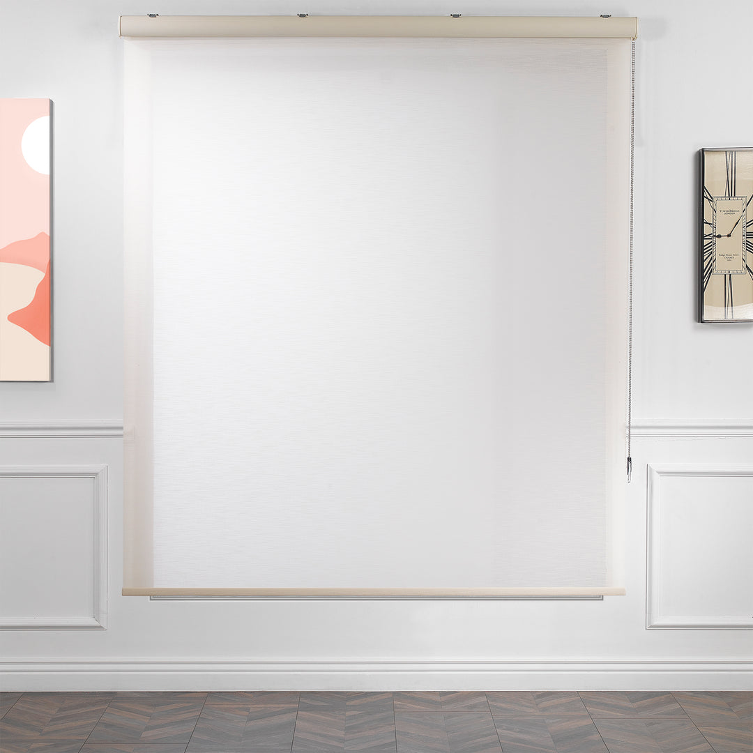 A full view of an ecru linen‑look room darkening roller blind shown lowered, featuring a natural woven texture and smooth minimal lines