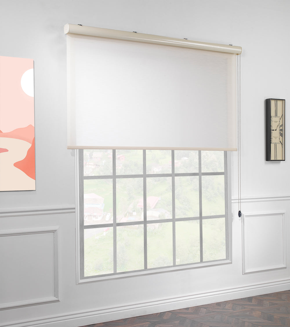 A diagonal view of an ecru linen‑look room darkening roller blind with a gentle woven surface and a premium made‑to‑measure finish