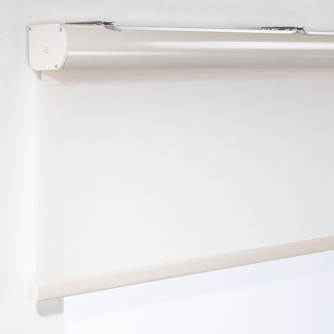 A close‑up of an ecru linen‑look room darkening roller blind showing its natural woven texture and smooth refined finish