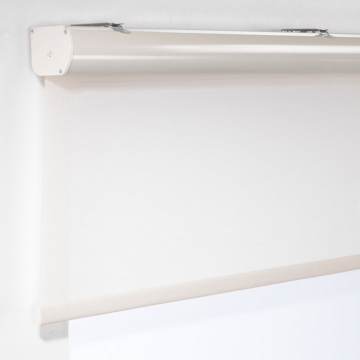 A close‑up of an ecru linen‑look room darkening roller blind showing its natural woven texture and smooth refined finish