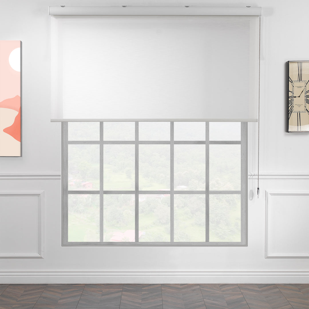 A white linen‑look room darkening roller blind made to measure, photographed with a soft woven finish and balanced light reduction