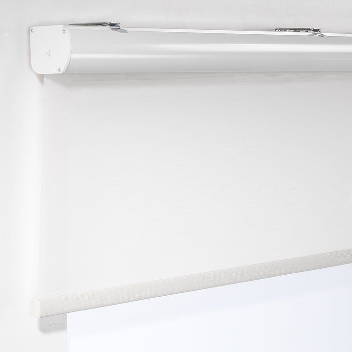 A made to measure white linen‑look room darkening roller blind displayed with a natural woven surface and tidy straight lines