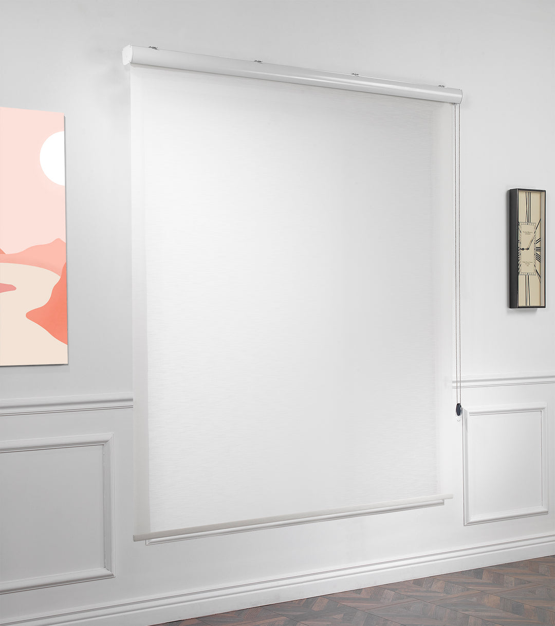 A made to measure white linen‑look room darkening roller blind captured with a natural woven finish and smooth minimal lines