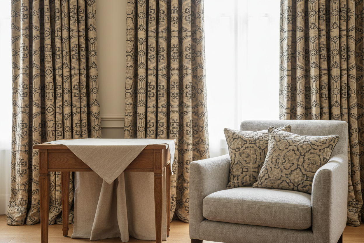 Layered window curtains featuring soft cream sheer fabric gently flowing in a natural breeze, paired with luxurious beige velvet curtains behind them, showcasing a refined, contemporary made‑to‑measure curtain design with elegant texture and colour harmony.