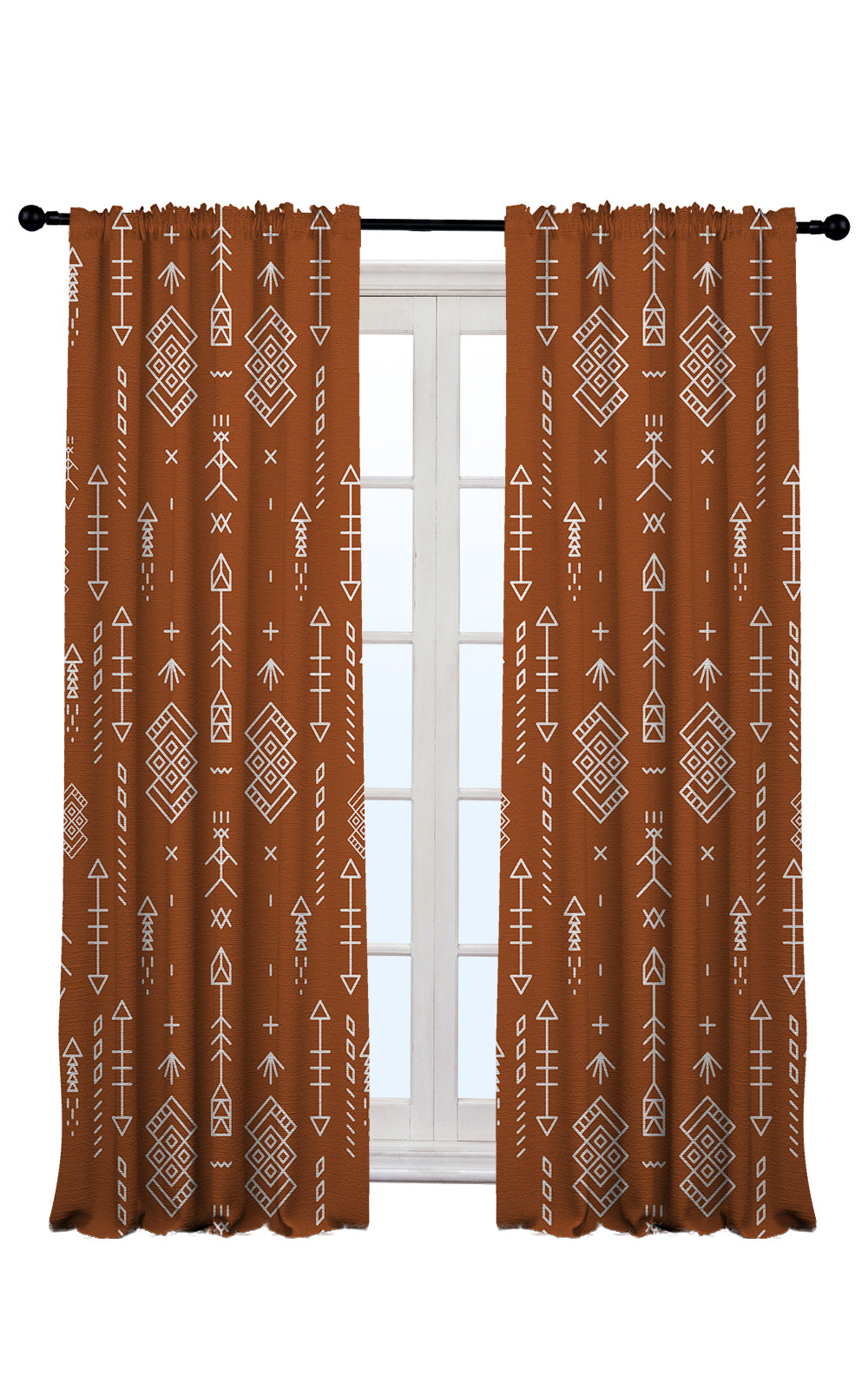 brick boho curtains with geometric pattern hanging on a rod against a white window background.