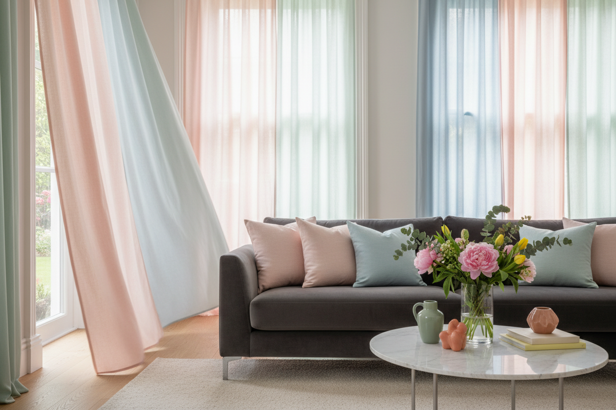 Living room with a gray sofa, colourful crepe curtains  colourful pillows, and a small table with flowers.