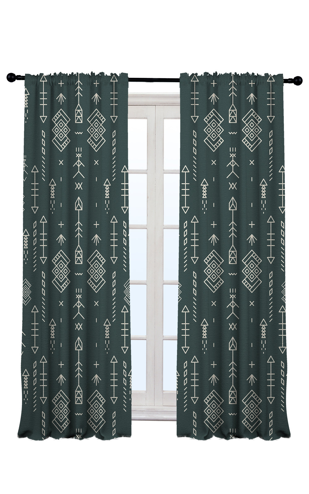teal geometric tribal patterned made to measure curtains in modern bedroom UK