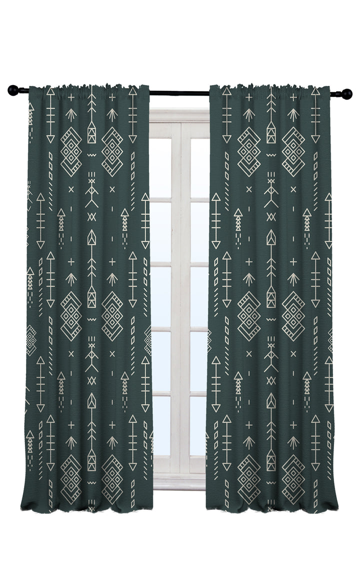 teal geometric tribal patterned made to measure curtains in modern bedroom UK