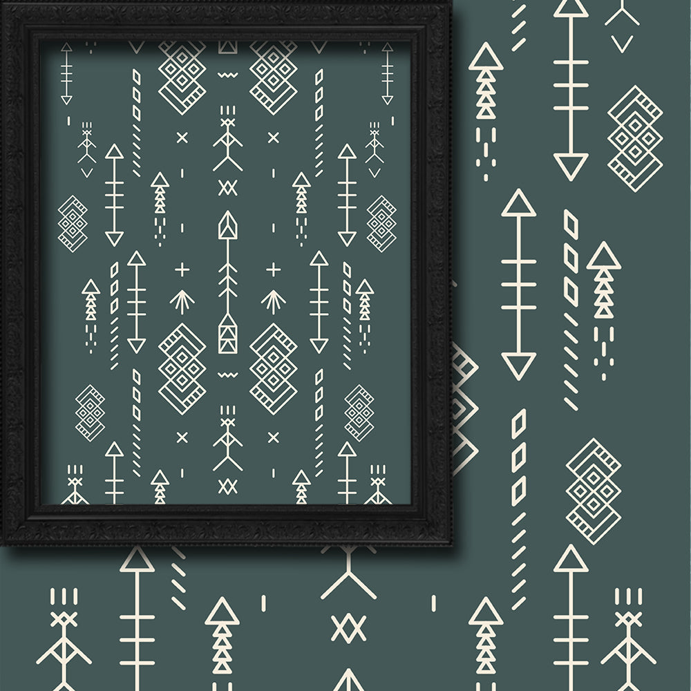 geometric patterns on a teal background