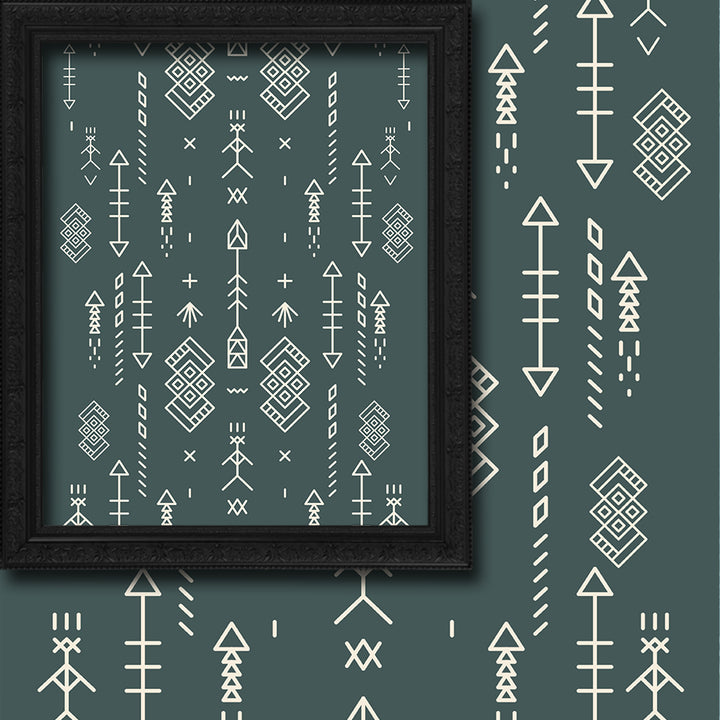 geometric patterns on a teal background
