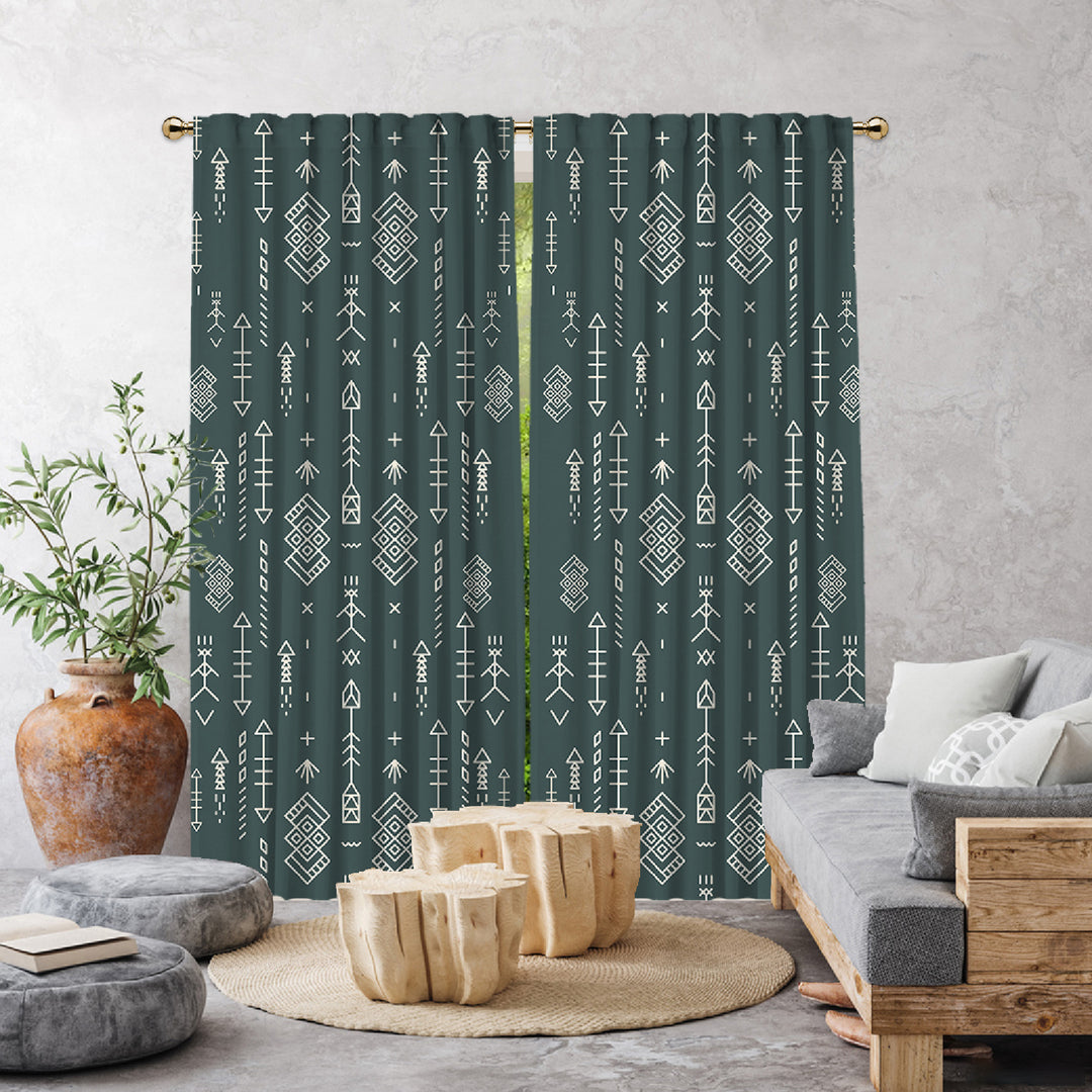 teal geometric patterned made to measure curtains close up
