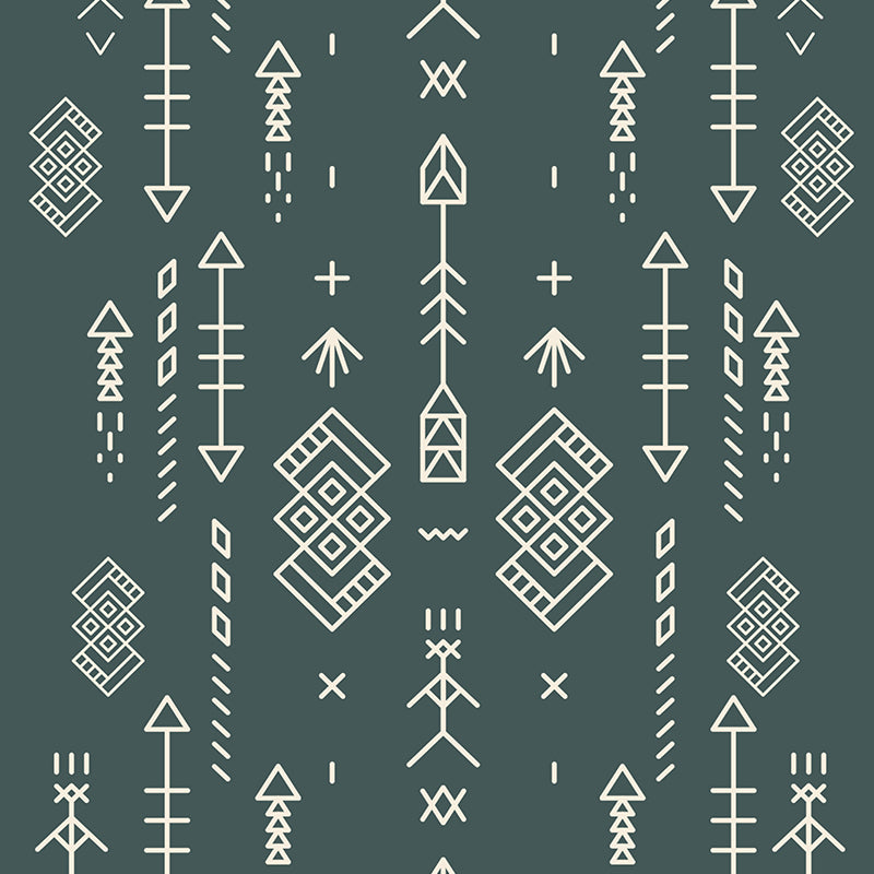 Geometric pattern of white shapes on a dark green background