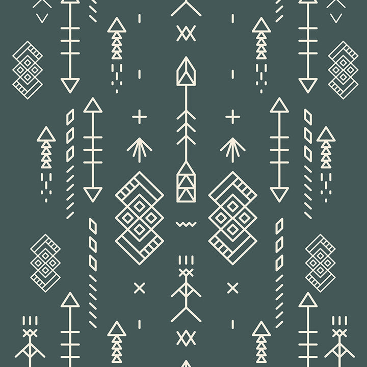 Geometric pattern of white shapes on a dark green background