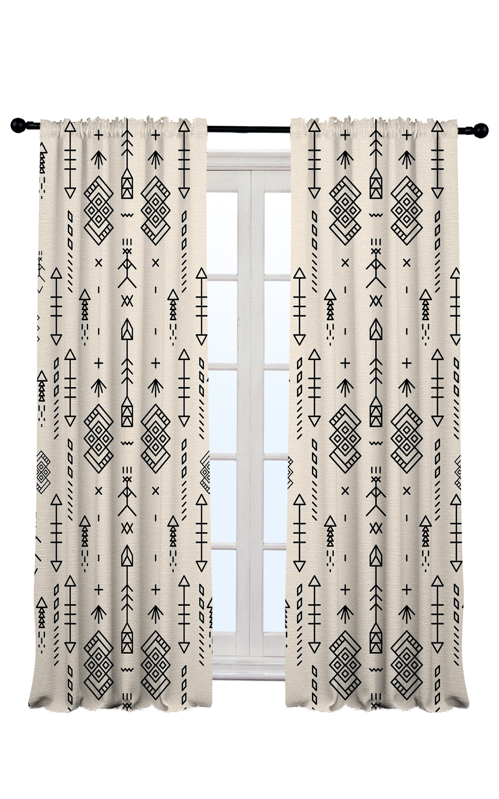  black patterned curtains on a white background