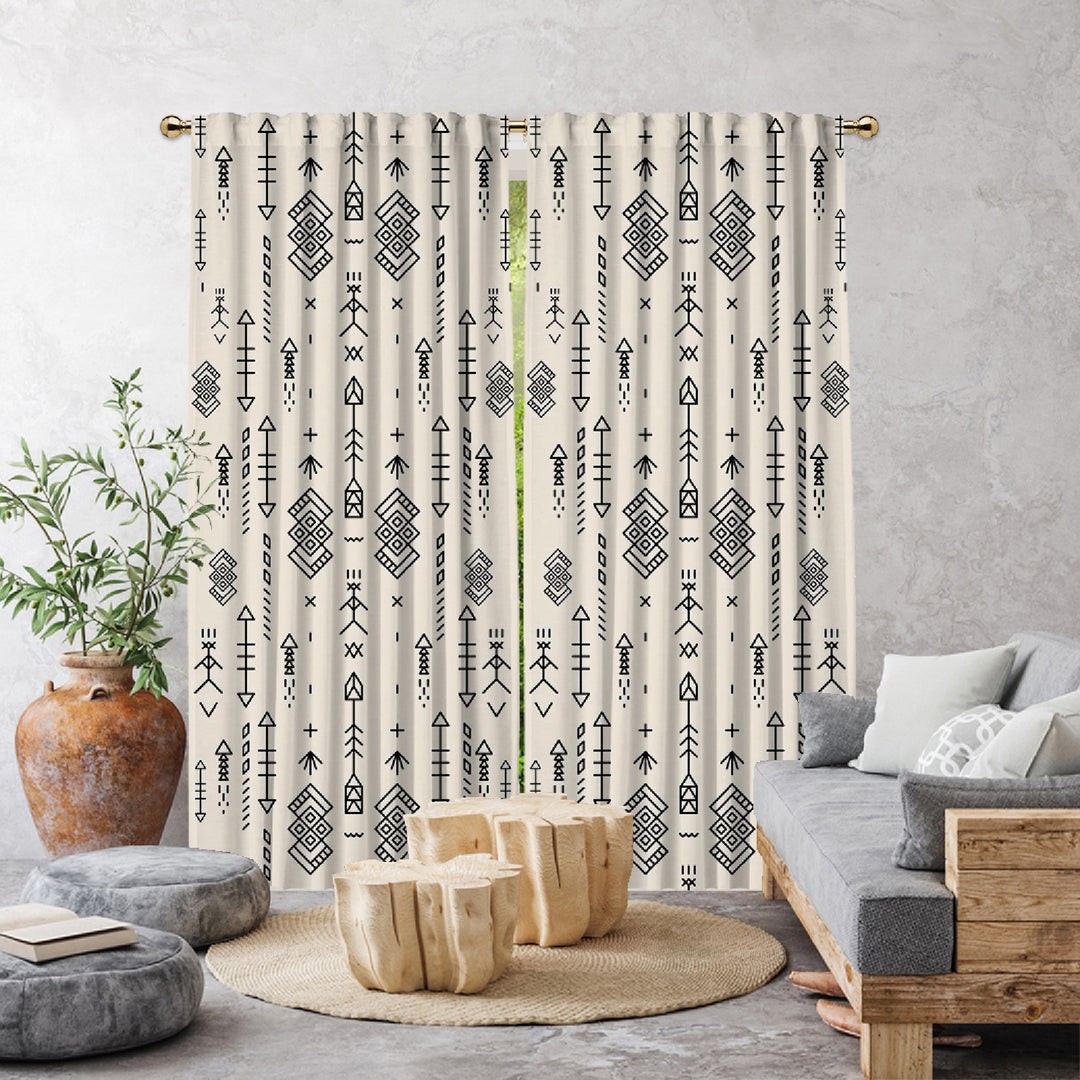 Decorative ecru curtain with geometric pattern in a living room setting